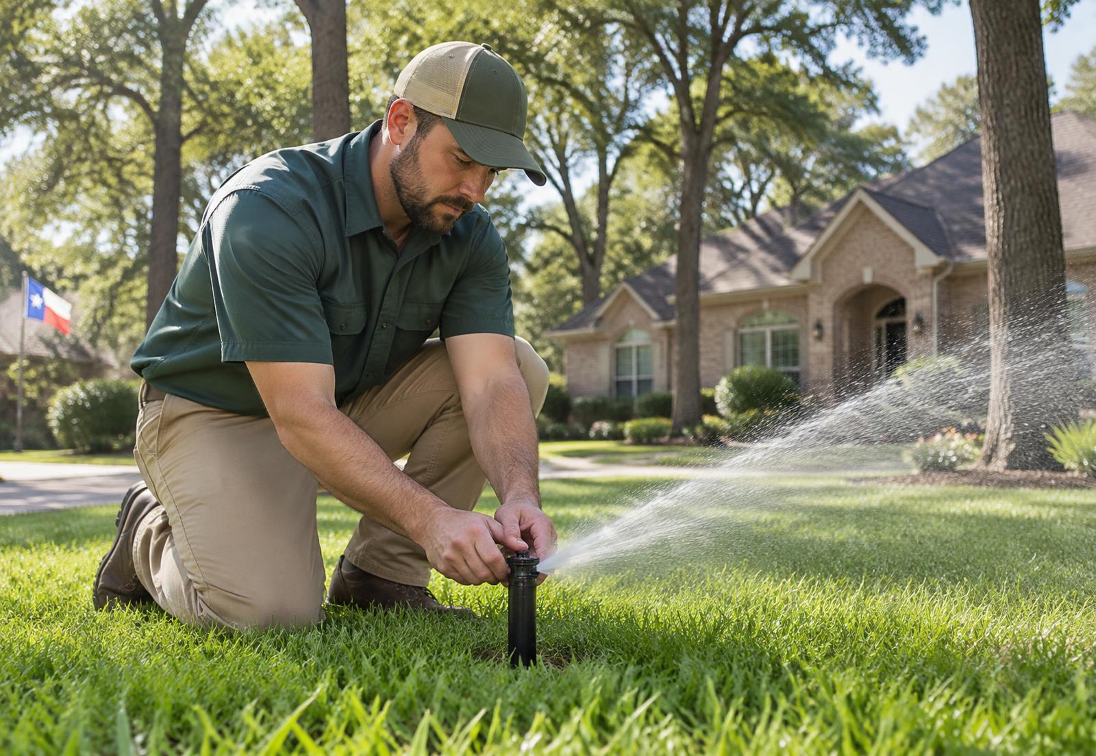 Irrigation technician adjusting a lawn sprinkler in Cleveland, Texas